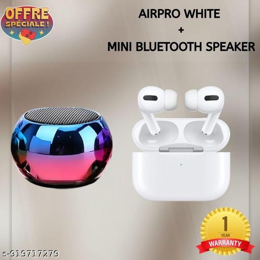 Airpro True Wireless Bluetooth Earphones with 30 Hours Playtime & Compatible for all Smartphones (White) + Mini Bluetooth Speaker Any Random Colour - COMBO