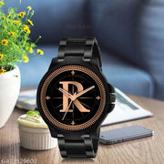 Prathshya Analog Round Black Dial ALPHABET R Design Stylish Black PUn Strap Classic Design Fancy Wrist Watch for Men and Boys, Pack of 1 - ALPHA-R-3K-BLK-CDBLK