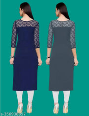 Pack of 1 Casual American Crepe And Net Round-Neck 3/4 Length Sleeves Navy Blue & Grey Kurti (42"Inches)
