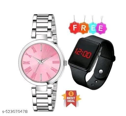 Stylish Stainless Steel Strap Analog and Digital Led watch for Women
