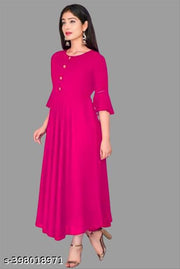 Stylis Fit and Flared New Fashionable Women Casual Solid Round Neck Anarkali Rayon Kurta (Pink)