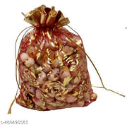 3A Featuretail 25 Pc Net Fabric Drawstring Pouches for Dry Fruits/Small Gifts, Jewellery Packing | Organza Shagun Potli, Wedding or Return Gifts Potli Bags (Red and Golden Printed, 23Cm X 17Cm)