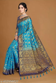 NEW BANARASI SILK SAREE WITH UNSTICHED TASSELS & LATKAN