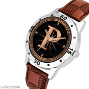 Gadgets WorldAnalog Round Black Dial ALPHABET P Design Stylish Brown Leather Strap Classic Design Fancy Wrist Watch for Men and Boys, Pack of 1 - ALPHA-P-AVO-SIL-BRW-CHL -1