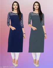 Pack of 1 Casual American Crepe And Net Round-Neck 3/4 Length Sleeves Navy Blue & Grey Kurti (42"Inches)