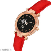 JACKSHOWSHOPE Analogue Double Flower Black Dial and Black Leather Strap Stylish Wrist Watch for Girl and Women