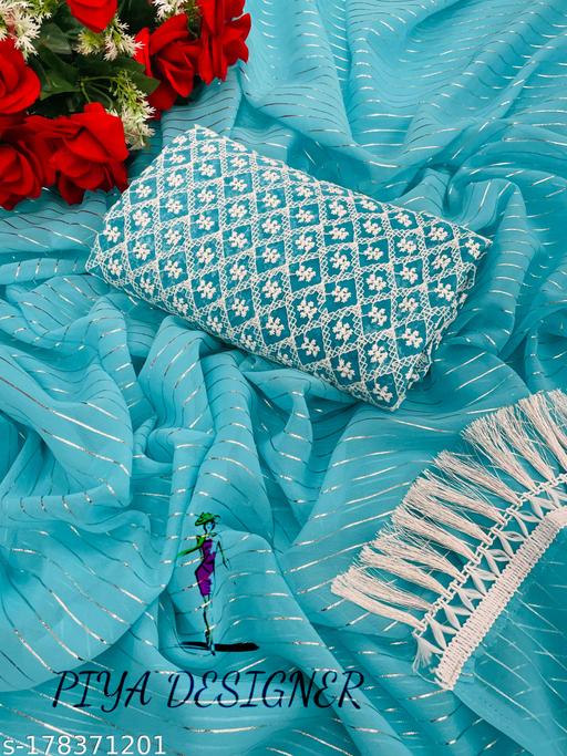 Women'S Pure Georgette Silver Line Foil Print And Zalar Sari With Georgette Embroidered Work Solid Blouse