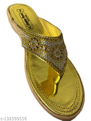 Women’s Golden Embellished Ethnic Flat Slippers | Stylish Stone Work Toe-Post Chappal for Women & Girls | Festive & Party Wear