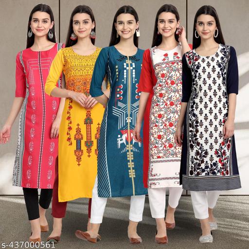 Stylish Women's Crepe Digital Printed Straight Kurti [Pack of 5]