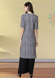 Casual American Crepe Round-Neck 3/4 Length Sleeves Chevron Printed Straight Navy Blue Kurti (45"Inches)