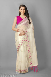 Women's Soft Net Saree with Heavy Golden Floral Embroidery, Mirror Work Border, Fancy Tassel Pallu and Unstitched Blouse Piece for Wedding Party Festive Wear