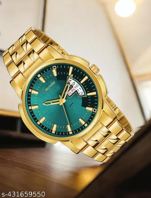 Day&Date Function Watch With Green Dial and Golden Chain Strap  Analog Watch for Men