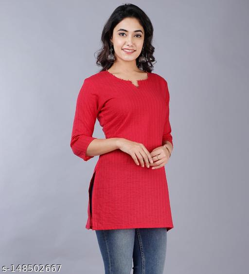 Women Cotton Solid 3/4th Sleeve V-neck Short Kurta-RED