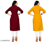Trendy Attractive Traditional Women Solid A-Line Kurtis With Mandarin Collar, Show Button & Pocket (Pack of Two - Maroon & Yellow, Fits for Christmas Day & New Year 2026 Celebration)