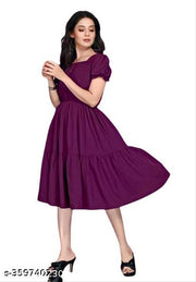 Women Rayon Solid A-Line Flared Kurti | Stylish Puff Sleeve One Piece Dress| Party Wear Dress Under 199 | Wine