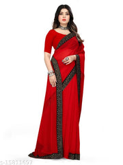 Rovilo Fashion Women's Georgette Hot-Fix Daimod Woven Party Wedding Saree Red Color