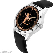 Femeo  Analog 9103 Watches Round Black Dial L Design Stylish Black Leather Strap Classic Design Fancy Wrist Watch for Men and Boys, Pack of 1 - A07ZALPHA-L-AVO-SIL-BLK-L