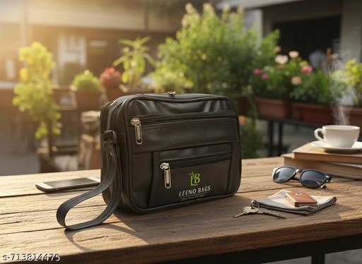 LEENO Men’s Black PU Leather Crossbody Messenger Bag Office & Daily Use Travel Toiletry Kit (Black)