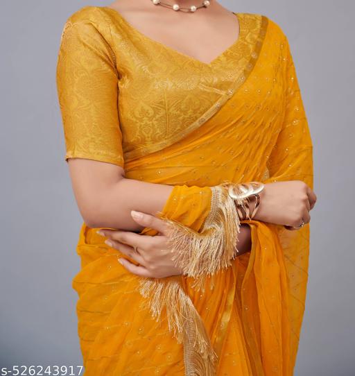 Saree With Blouse Piece haldi saree yellow saree gold saree saree for haldi