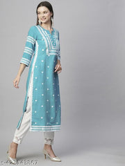 J.B.SQUARE's  Women's Sky Blue Cotton Slub Straight Chikankari Embroidered Kurta