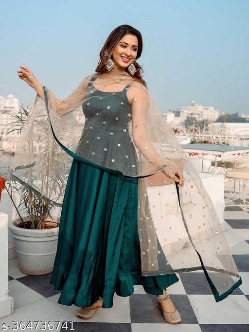 Green Solid Anarkali Kurta With Dupatta (Set of 2)