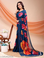 Chiffon bollywood Tassels and Latkans Floral print Blue south saree with Saree with Multiple Blouse