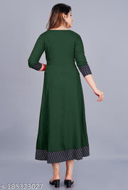 Trendy Women's Solid Printed Round Flared Kurti (Dark Green)