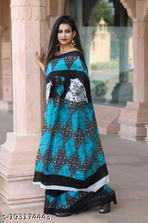 Jaipuri Hand Block Printed Soft Cotton Mulmul Saree ,Sanganeri Cotton Malmal Saree, Bagru Cotton Saree, Batic / Batik Print Cotton saree In Super Fine 92*80 Fabric Quality With Attached Blouse Piece for Woman