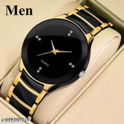 Intensify Branded  Quartz Movement Round Diamond Studded Dial Metal Chain Strap Black-Gold Color Wrist Watch for Men.