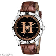 Prathshya Analog Round Black Dial ALPHABET H Design Stylish Brown Leather Strap Classic Design Fancy Wrist Watch for Men and Boys, Pack of 1 - ALPHA-H-AVO-SIL-BRW-CHL