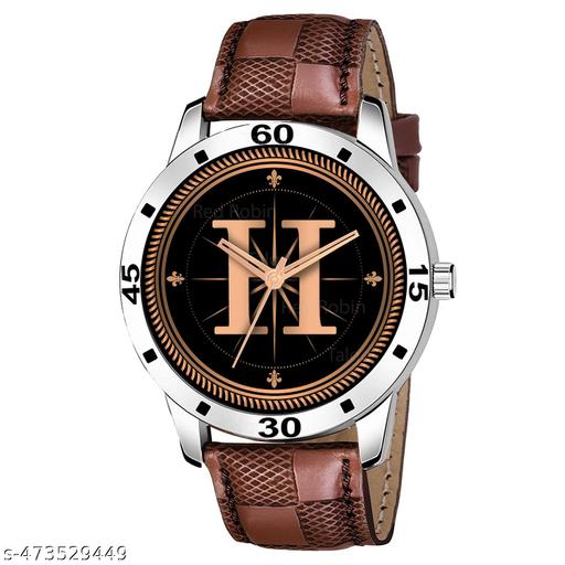 Prathshya Analog Round Black Dial ALPHABET H Design Stylish Brown Leather Strap Classic Design Fancy Wrist Watch for Men and Boys, Pack of 1 - ALPHA-H-AVO-SIL-BRW-CHL