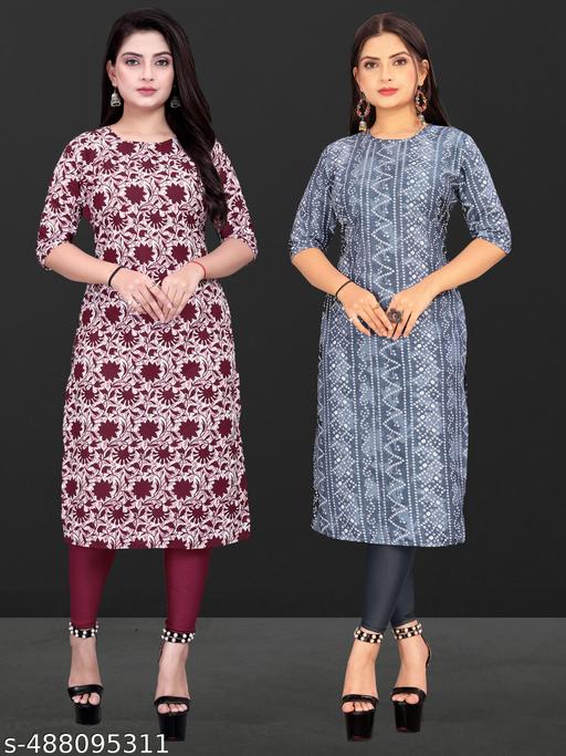 Women Crepe Fabric Printed Straight Kurti PACK OF 2, Extra plus Size -S,M,L,XL,XXL,2XL,XXXL,3XL,4XL,5XL,6XL,7XL,8XL ( New Arrival New Design Fashionable Kurti )