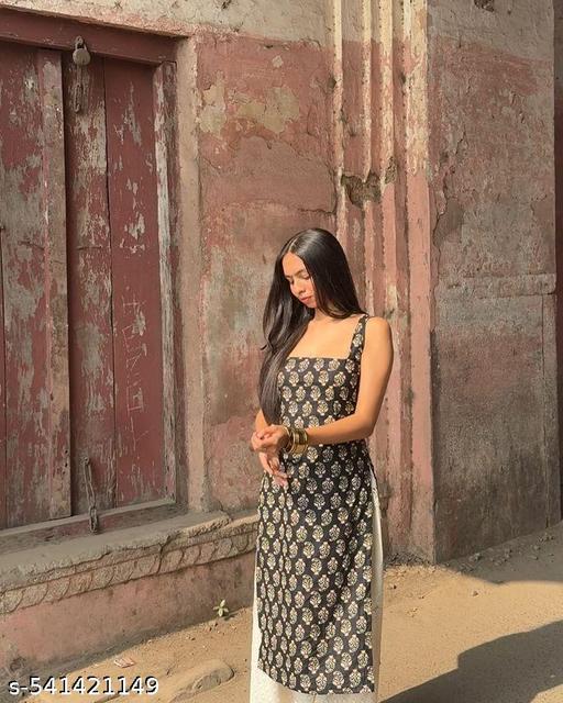 Women's Cotton Printed Straight Sleeveless Kurta (Random Print And Design Available)