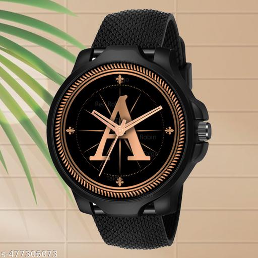 Welix Analog Round Black Dial ALPHABET A Design Stylish Black Silicone Strap Classic Design Fancy Wrist Watch for Men and Boys, Pack of 1 - ALPHA-A-3K-BLK-SFR