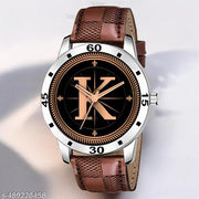 Krolexe Analog Round Black Dial ALPHABET K Design Stylish Brown Leather Strap Classic Design Fancy Wrist Watch for Men and Boys, Pack of 1 - ALP-K-AVO-SIL-BRW-CHL