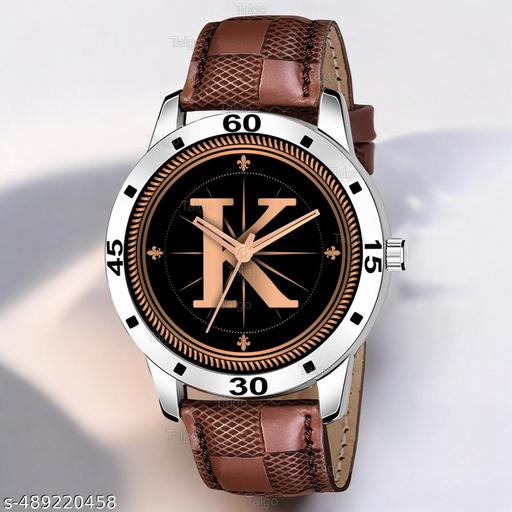 Krolexe Analog Round Black Dial ALPHABET K Design Stylish Brown Leather Strap Classic Design Fancy Wrist Watch for Men and Boys, Pack of 1 - ALP-K-AVO-SIL-BRW-CHL
