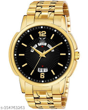 OHHO Original Gold Plated Steel Bracelet Belt & Day-Date Function Black Dial Analog Watch  - For  Men's-Boy's-Gent's