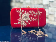 Women Stylish & Trendy Red Velvet Embroidery Clutch