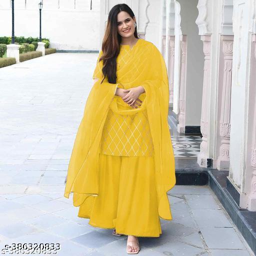New Fabulous Rayon Yellow Woman Kurti With Bottom Wear And Dupatta[Net]