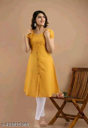 Women's&Girl's "Rayon"  Fashionble v-neck with puff sleeb  stylish kurti(mastardyellow)