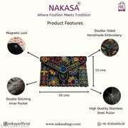 NAKASA Women's Jaipuri Handmade Damru Embroidery Small Black Clutch Cum Sling Bag