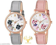 SHREE GORGEOUS FLOWER DESING LATHER ANALOG WATCH FOR GIRLS AND WOMEN COMBO (PACK OF 2)