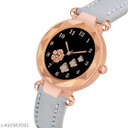 Analogue New Flower Print Dial Lathers Strap Girls and Womans Watches(Grey&black)