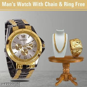 H&H Rosra Golden Formal Watch For Men's and boys { gold Ring +gold Chain Free  }