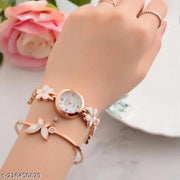 Flower Pattern Analogue Women's or Girls Watch (Rose Gold White)
