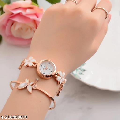 Flower Pattern Analogue Women's or Girls Watch (Rose Gold White)