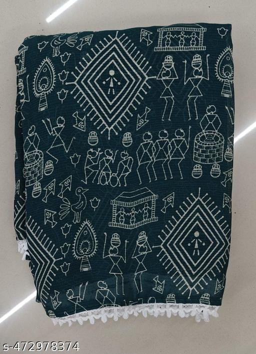 Gullak New Printed Georgette Saree with  Warli Print and Pom -Pom border