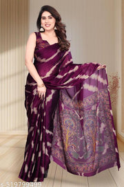Women Wine Chiffon Print Saree with Printed Border