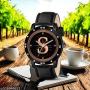 PS WATCHESAnalog Round black Dial ALPHABET S Design Stylish black Strap Classic Design Fancy Watch for Men and Boys, Pack of 1 ALPHABET S-AVO-BLK-L-1