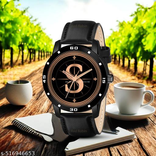 PS WATCHESAnalog Round black Dial ALPHABET S Design Stylish black Strap Classic Design Fancy Watch for Men and Boys, Pack of 1 ALPHABET S-AVO-BLK-L-1